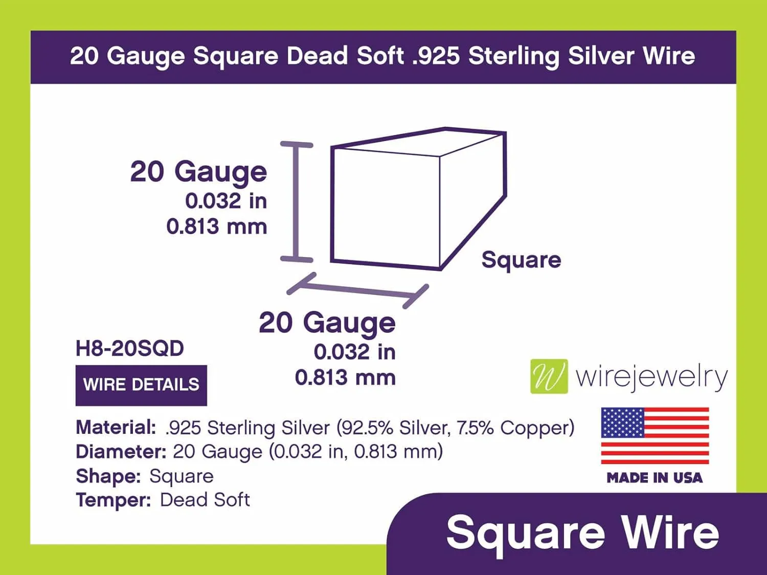 20 Gauge Square Dead Soft .925 Sterling Silver Wire - 5FT