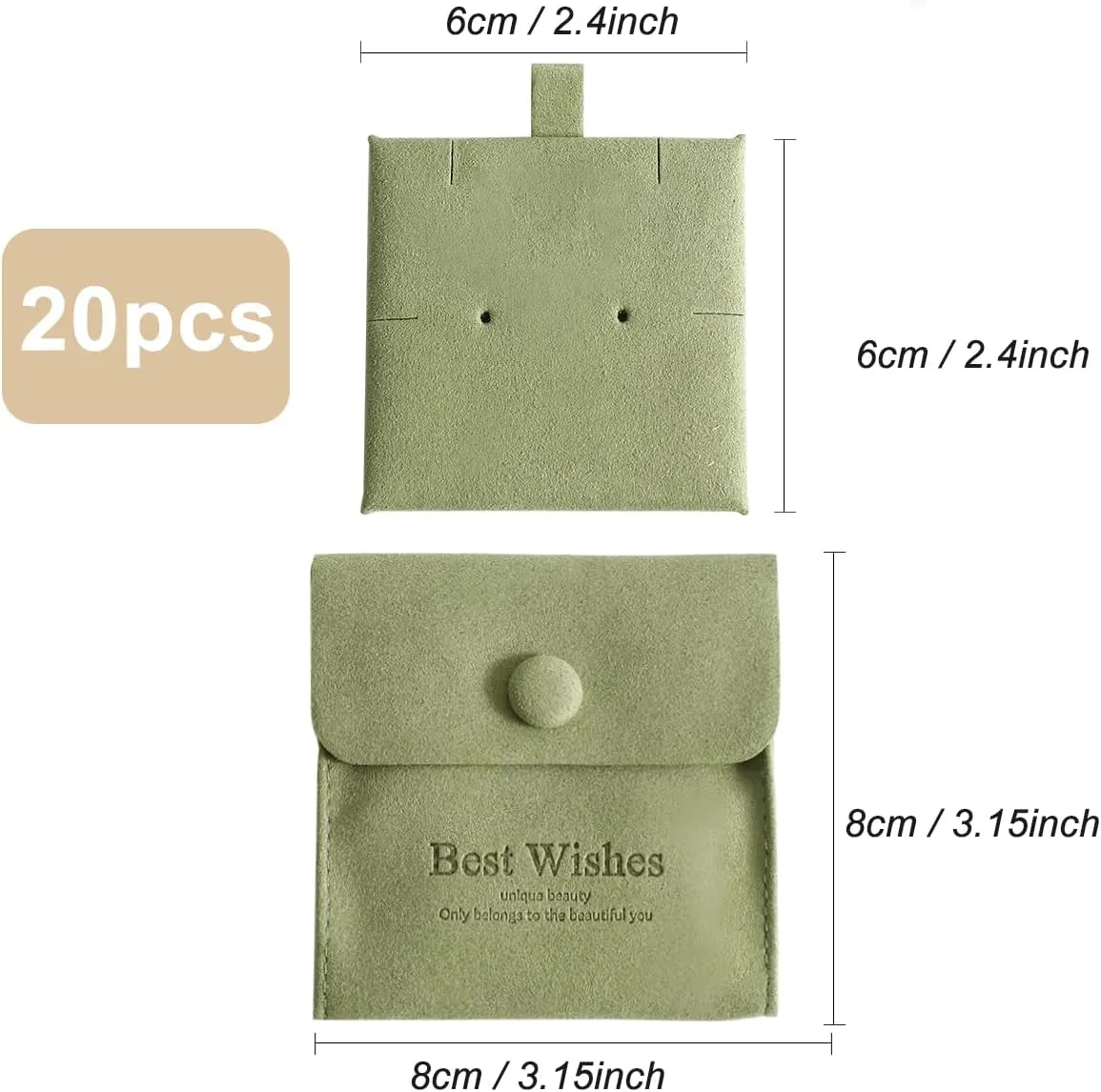 20 Pcs Microfiber Jewelry Pouch 8x8 cm, Jewelry Packaging Bag Luxury Small Jewelry Gift Bags Snap Button Jewelry Roll for Earring Necklace Pendant Packing (GREEN)