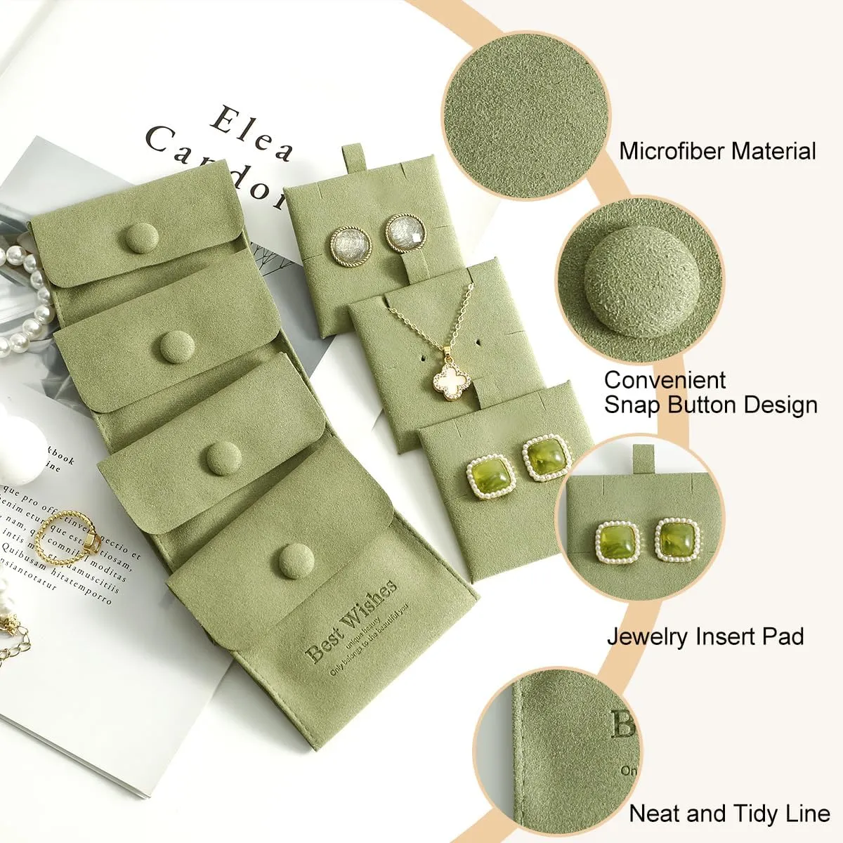 20 Pcs Microfiber Jewelry Pouch 8x8 cm, Jewelry Packaging Bag Luxury Small Jewelry Gift Bags Snap Button Jewelry Roll for Earring Necklace Pendant Packing (GREEN)