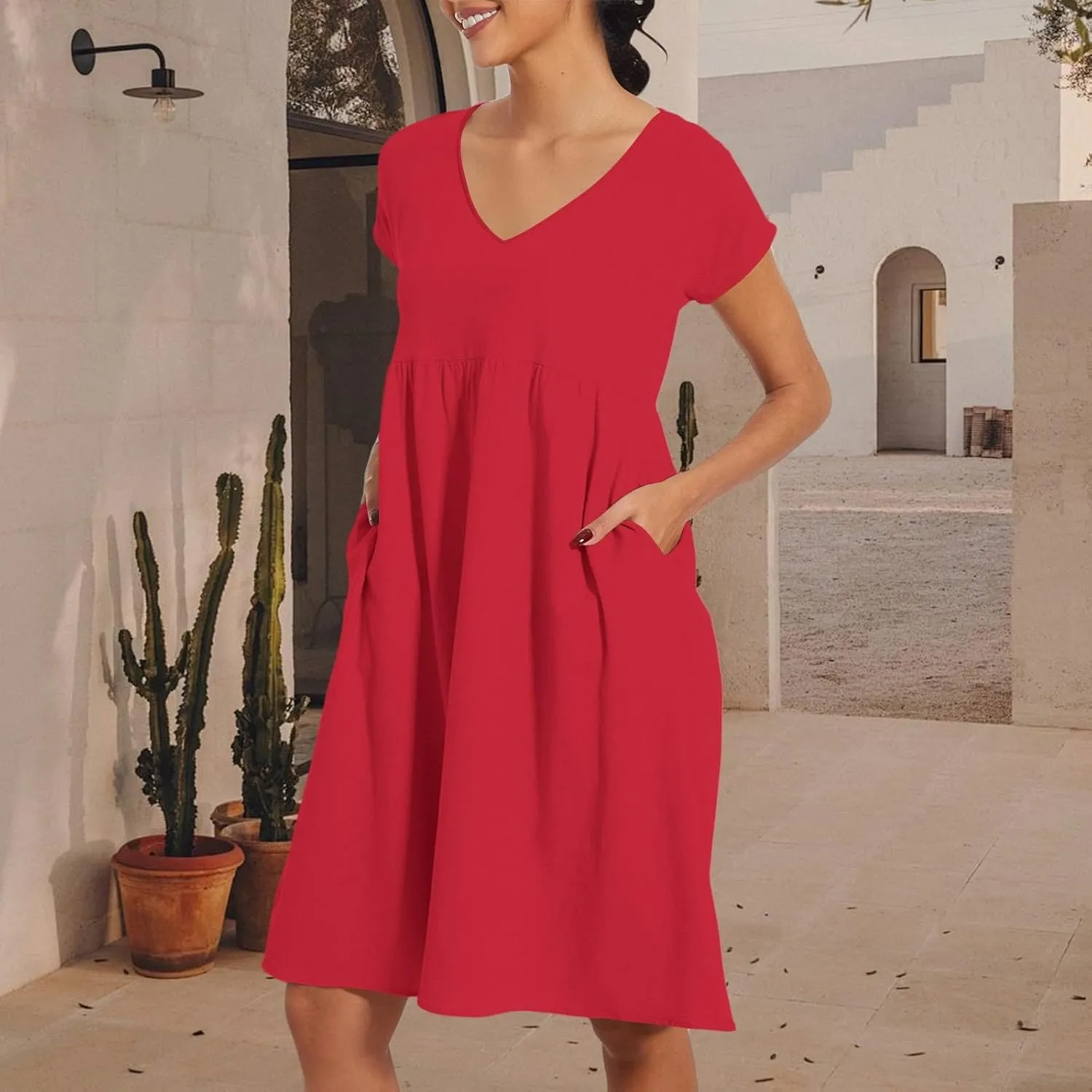 2025 Summer Dresses for Women V Neck Comfortable Cotton Short Sleeves Casual Shift Dresses for