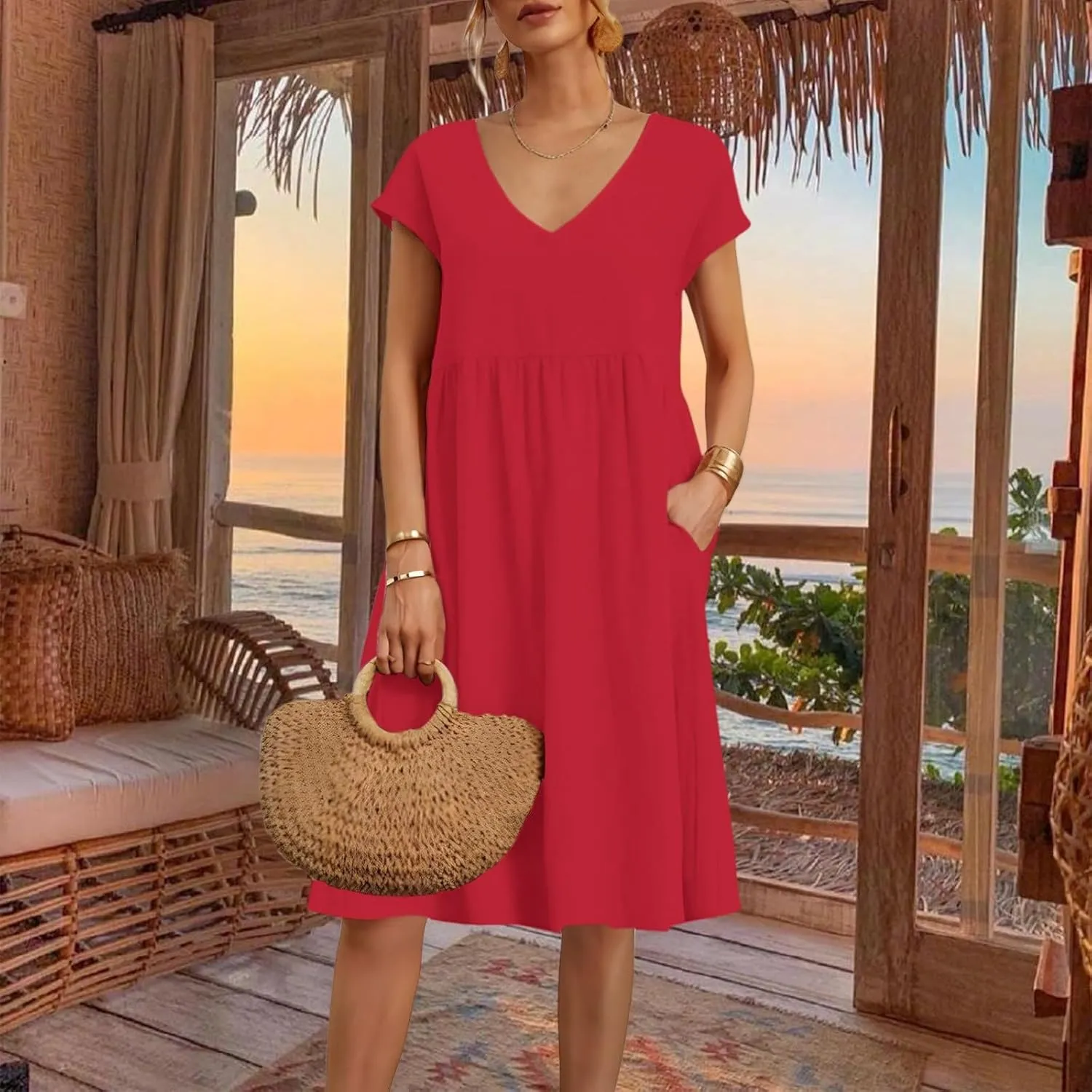 2025 Summer Dresses for Women V Neck Comfortable Cotton Short Sleeves Casual Shift Dresses for
