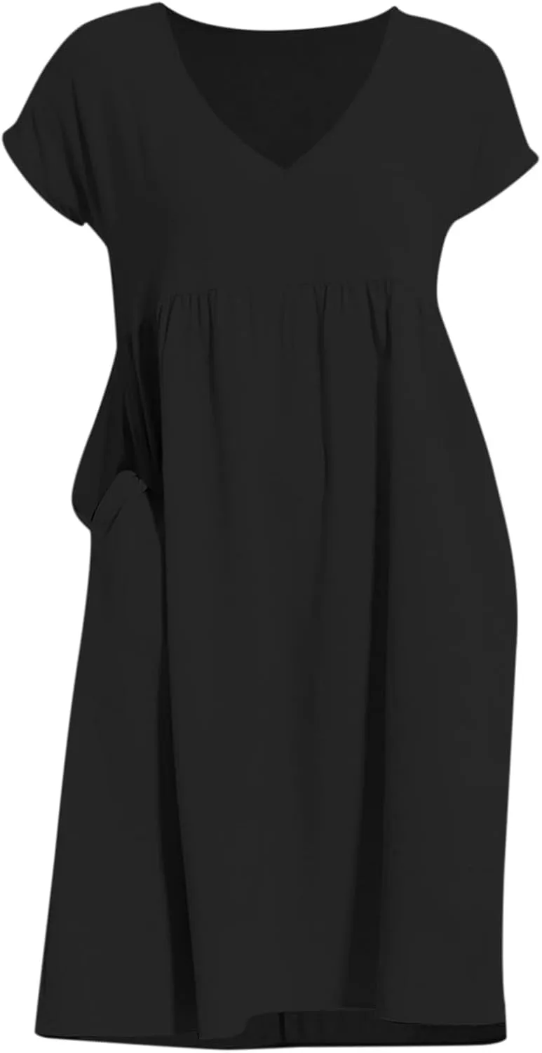 2025 Summer Dresses for Women V Neck Comfortable Cotton Short Sleeves Casual Shift Dresses for