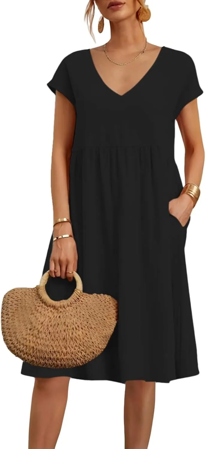 2025 Summer Dresses for Women V Neck Comfortable Cotton Short Sleeves Casual Shift Dresses for