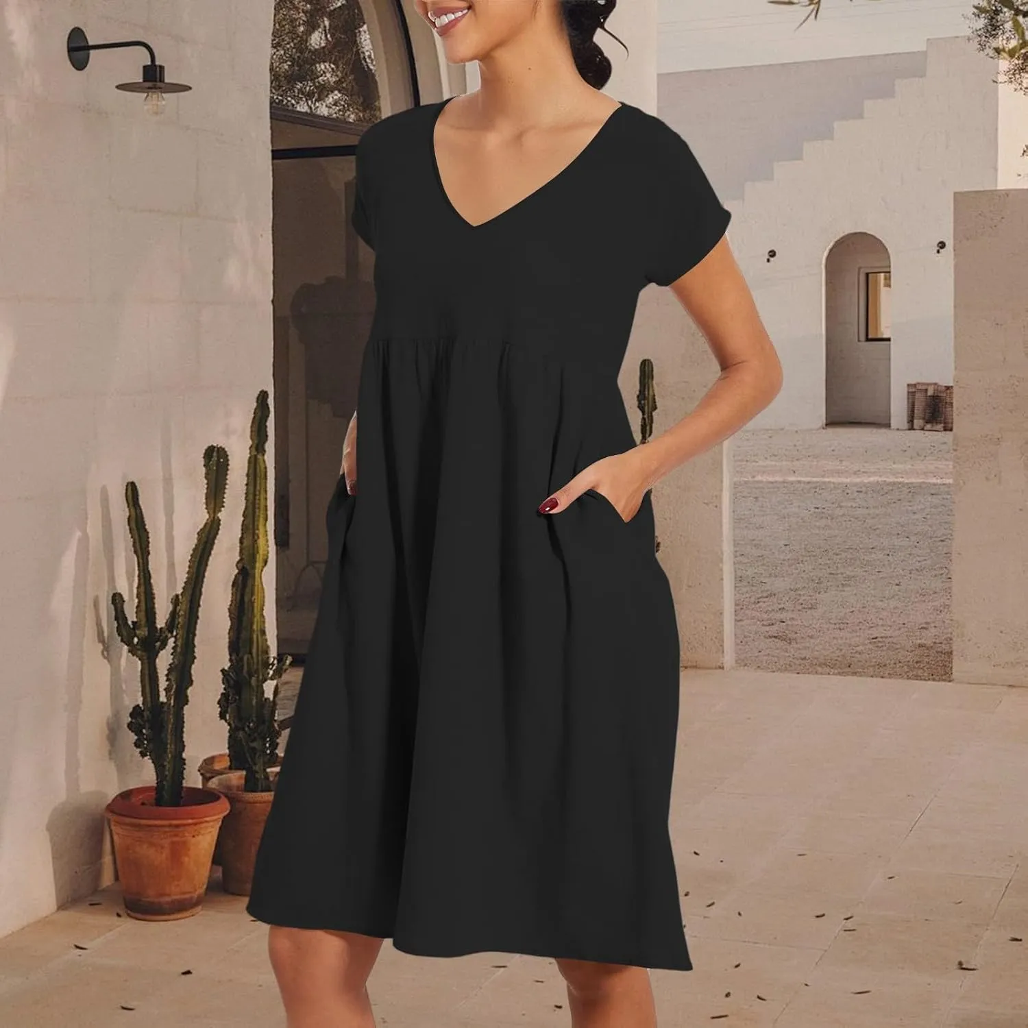 2025 Summer Dresses for Women V Neck Comfortable Cotton Short Sleeves Casual Shift Dresses for