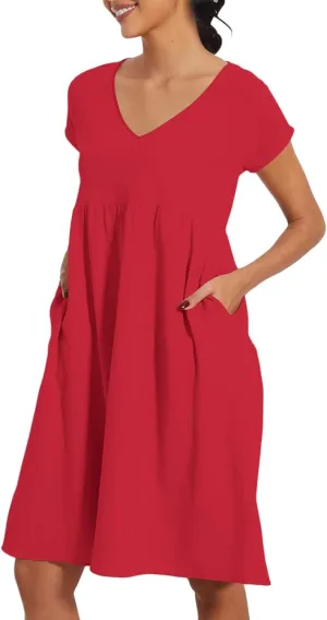 2025 Summer Dresses for Women V Neck Comfortable Cotton Short Sleeves Casual Shift Dresses for