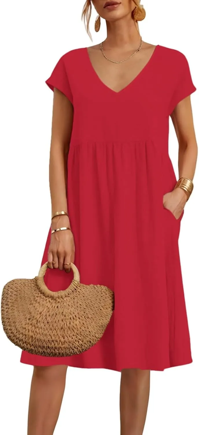 2025 Summer Dresses for Women V Neck Comfortable Cotton Short Sleeves Casual Shift Dresses for