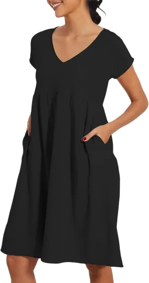 2025 Summer Dresses for Women V Neck Comfortable Cotton Short Sleeves Casual Shift Dresses for