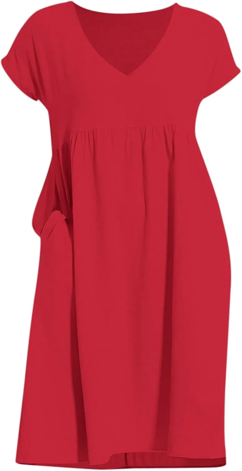 2025 Summer Dresses for Women V Neck Comfortable Cotton Short Sleeves Casual Shift Dresses for