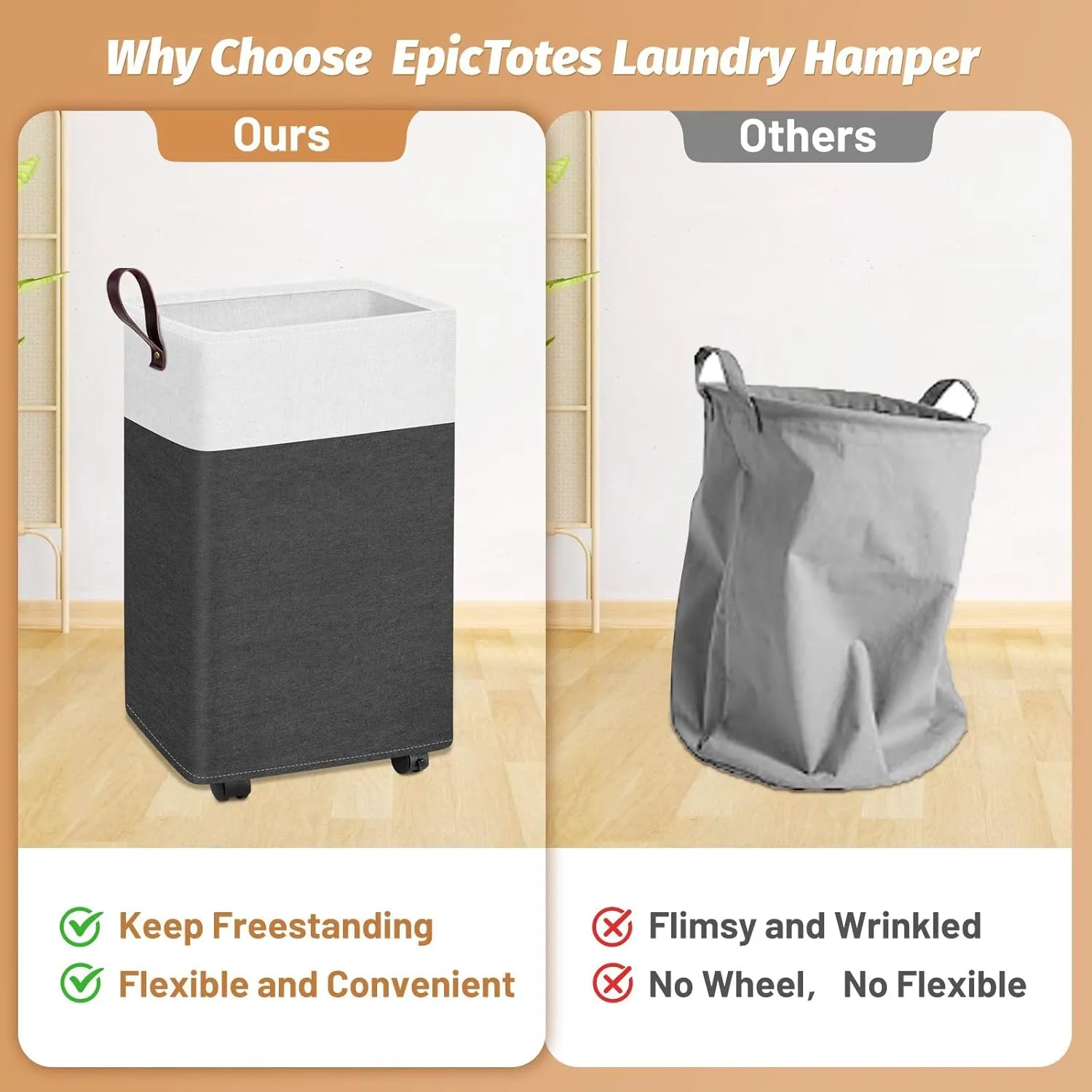 25-Inches Rolling Slim Laundry Basket on Wheels, Collapsible & Waterproof Laundry Hamper, Freestanding Narrow Corner Clothes Bins with Easy Carry Handles for Clothes at Home, Grey