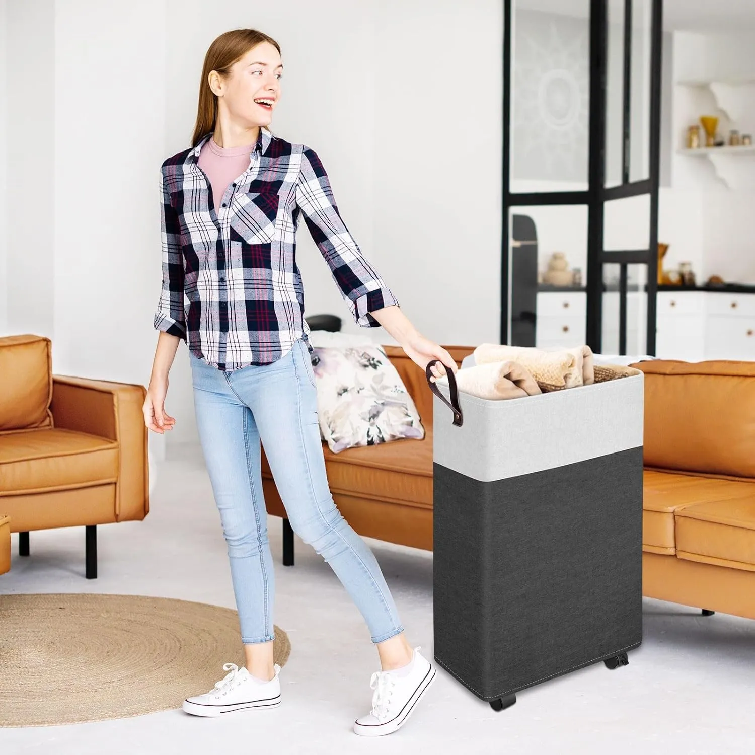 25-Inches Rolling Slim Laundry Basket on Wheels, Collapsible & Waterproof Laundry Hamper, Freestanding Narrow Corner Clothes Bins with Easy Carry Handles for Clothes at Home, Grey