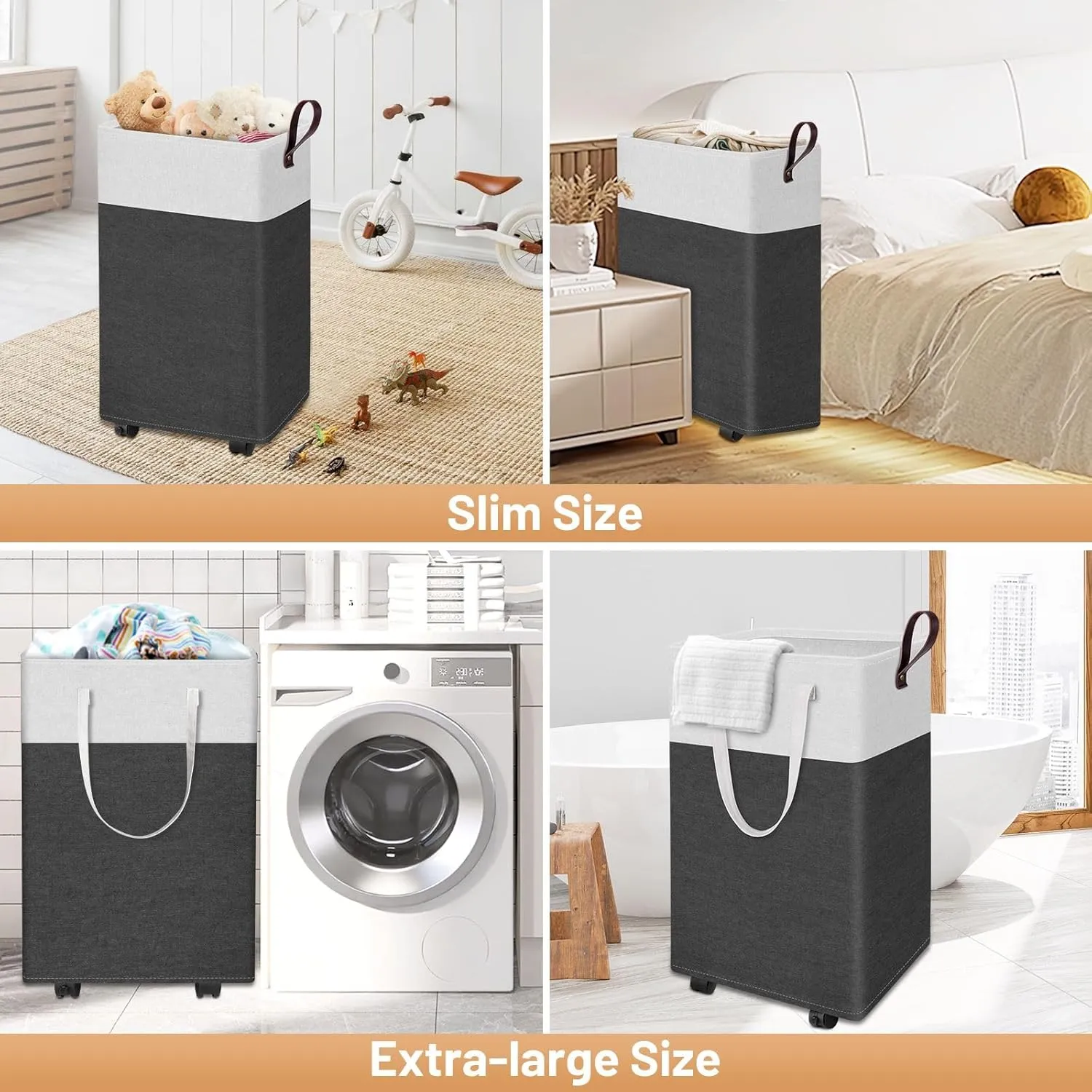 25-Inches Rolling Slim Laundry Basket on Wheels, Collapsible & Waterproof Laundry Hamper, Freestanding Narrow Corner Clothes Bins with Easy Carry Handles for Clothes at Home, Grey