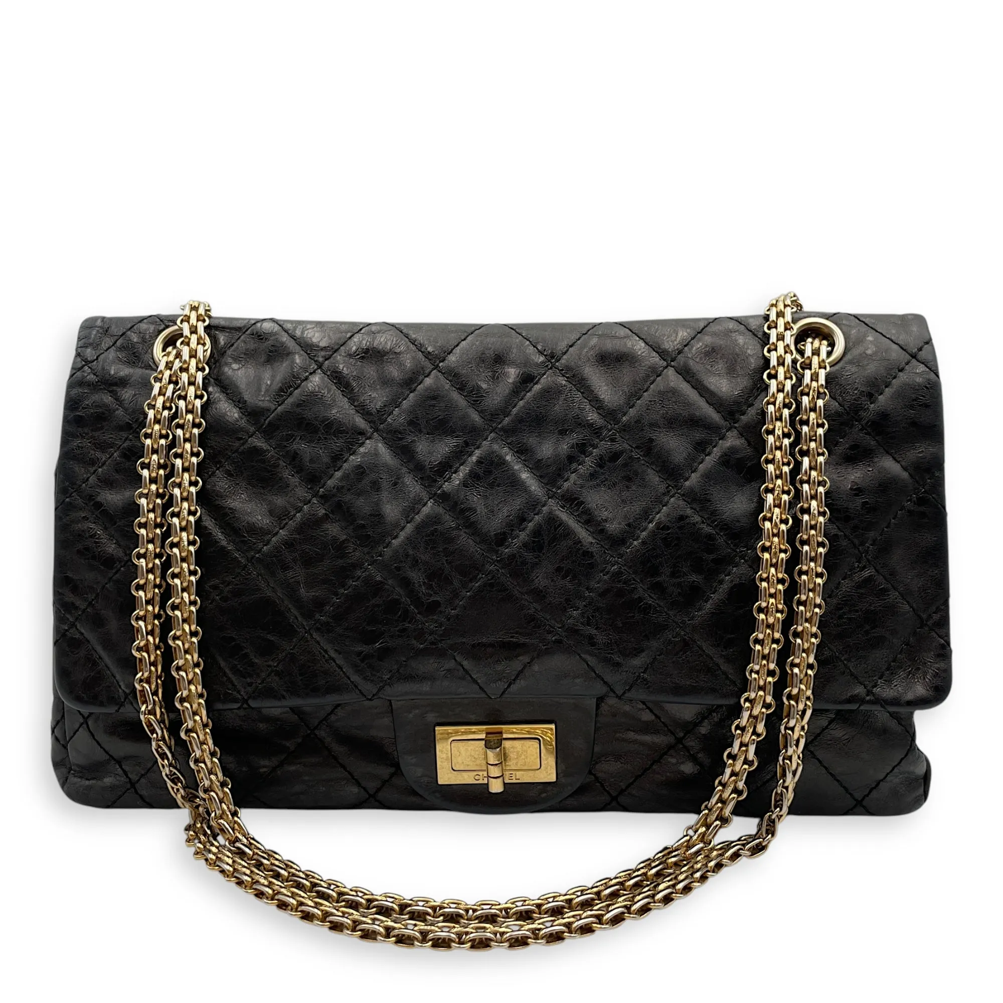 2.55 Reissue (31cm) Black Shoulder Bag in Distressed Leather, Gold hardware