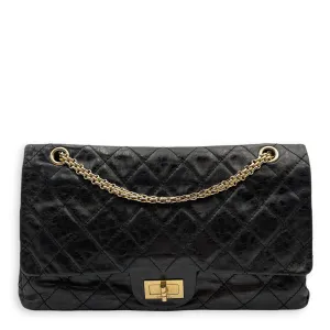 2.55 Reissue (31cm) Black Shoulder Bag in Distressed Leather, Gold hardware