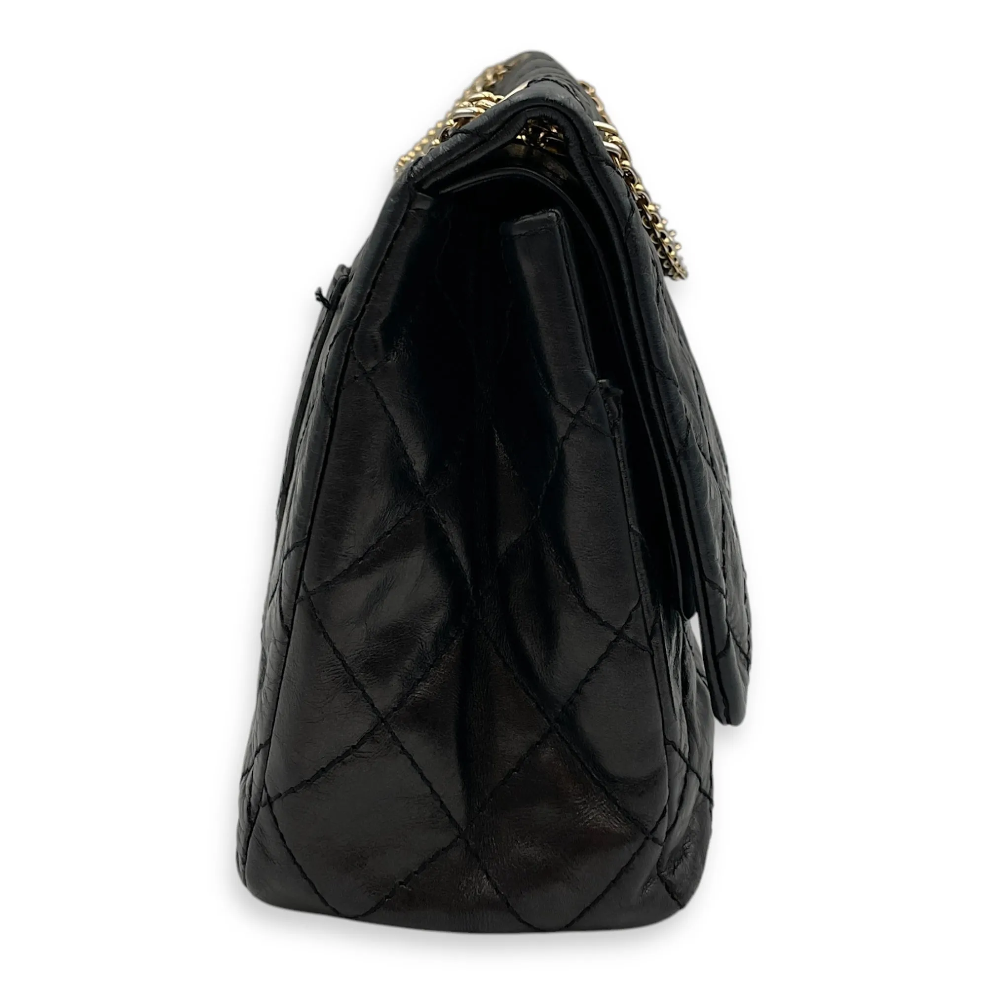 2.55 Reissue (31cm) Black Shoulder Bag in Distressed Leather, Gold hardware