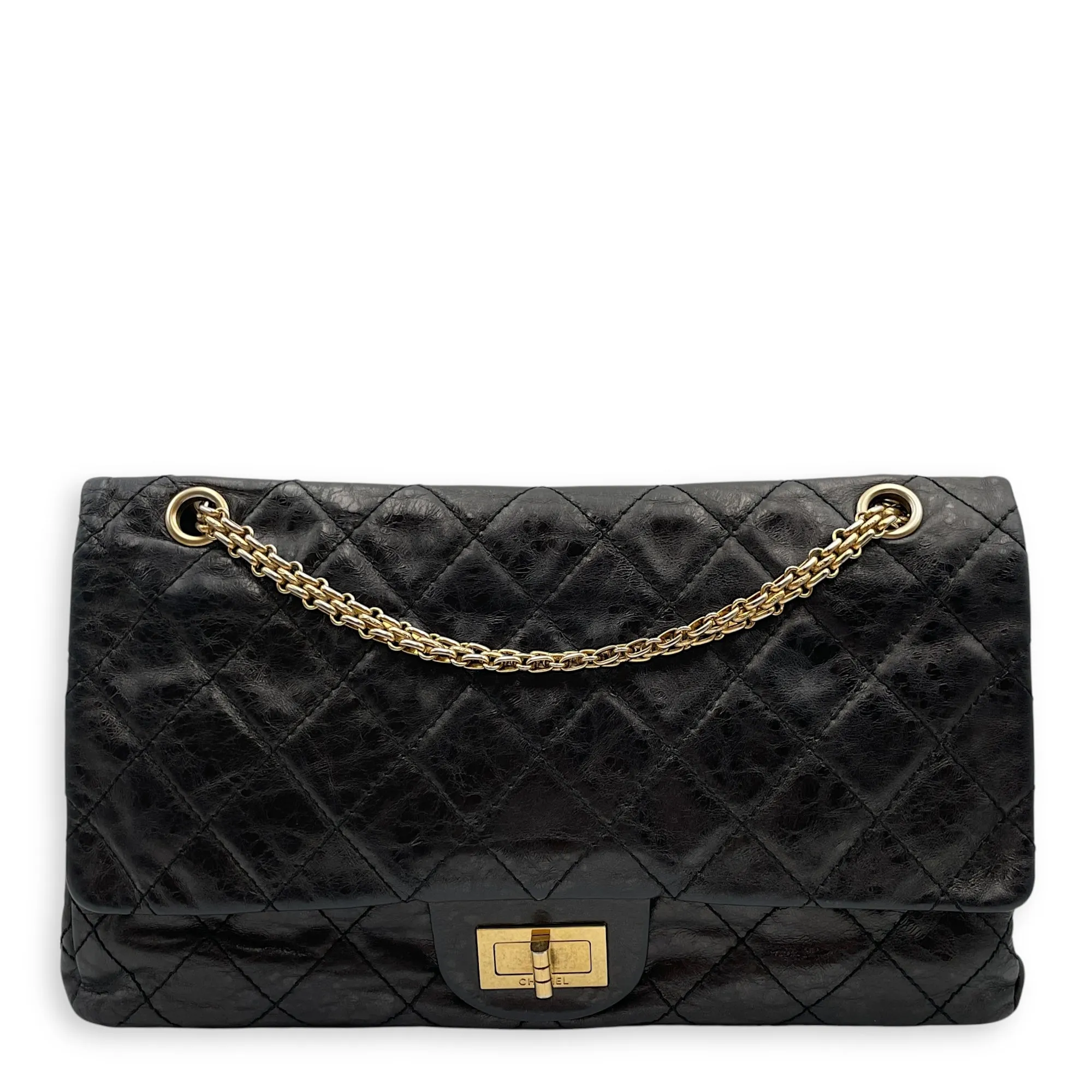 2.55 Reissue (31cm) Black Shoulder Bag in Distressed Leather, Gold hardware