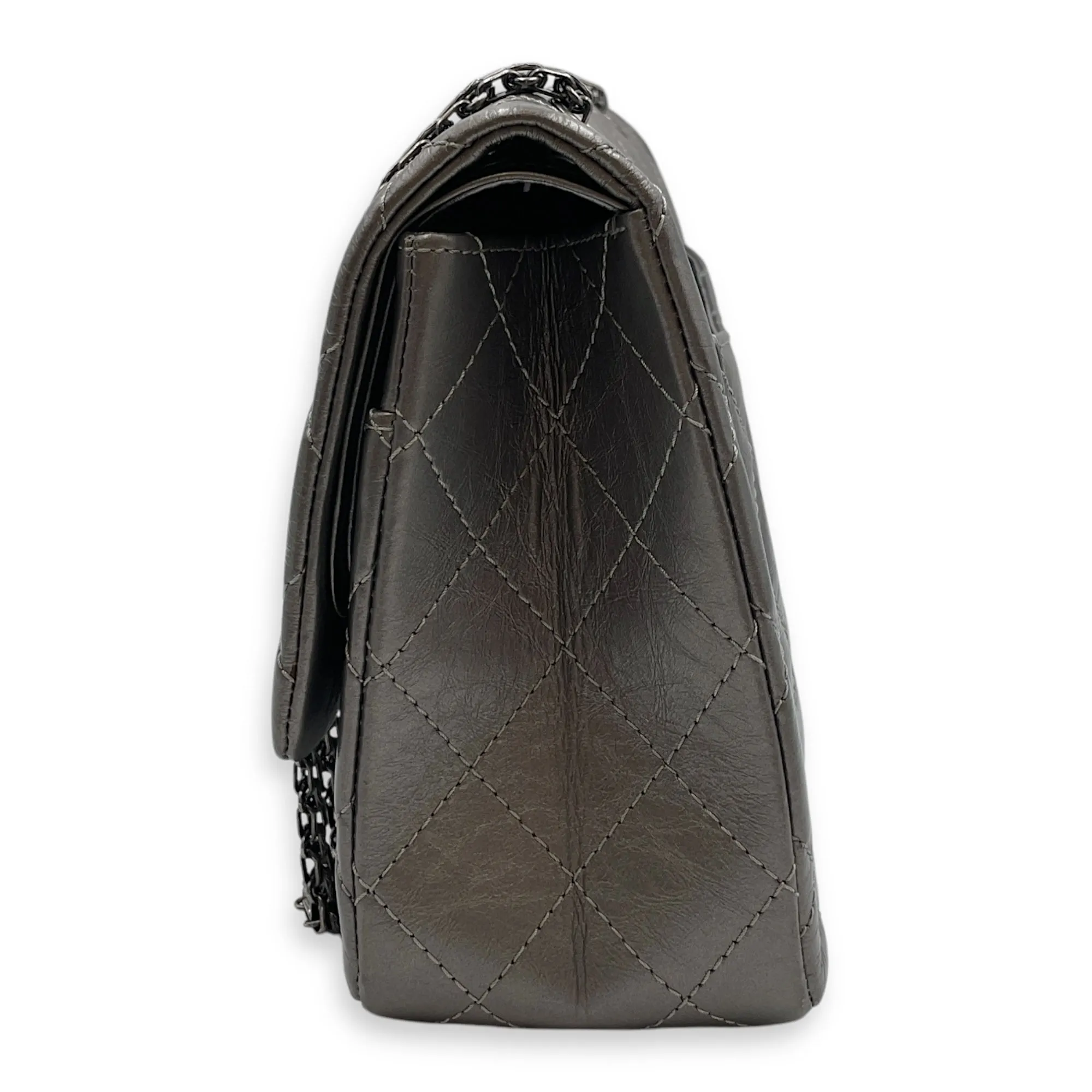 2.55 Reissue Silver Shoulder Bag in Distressed Leather, Ruthenium hardware