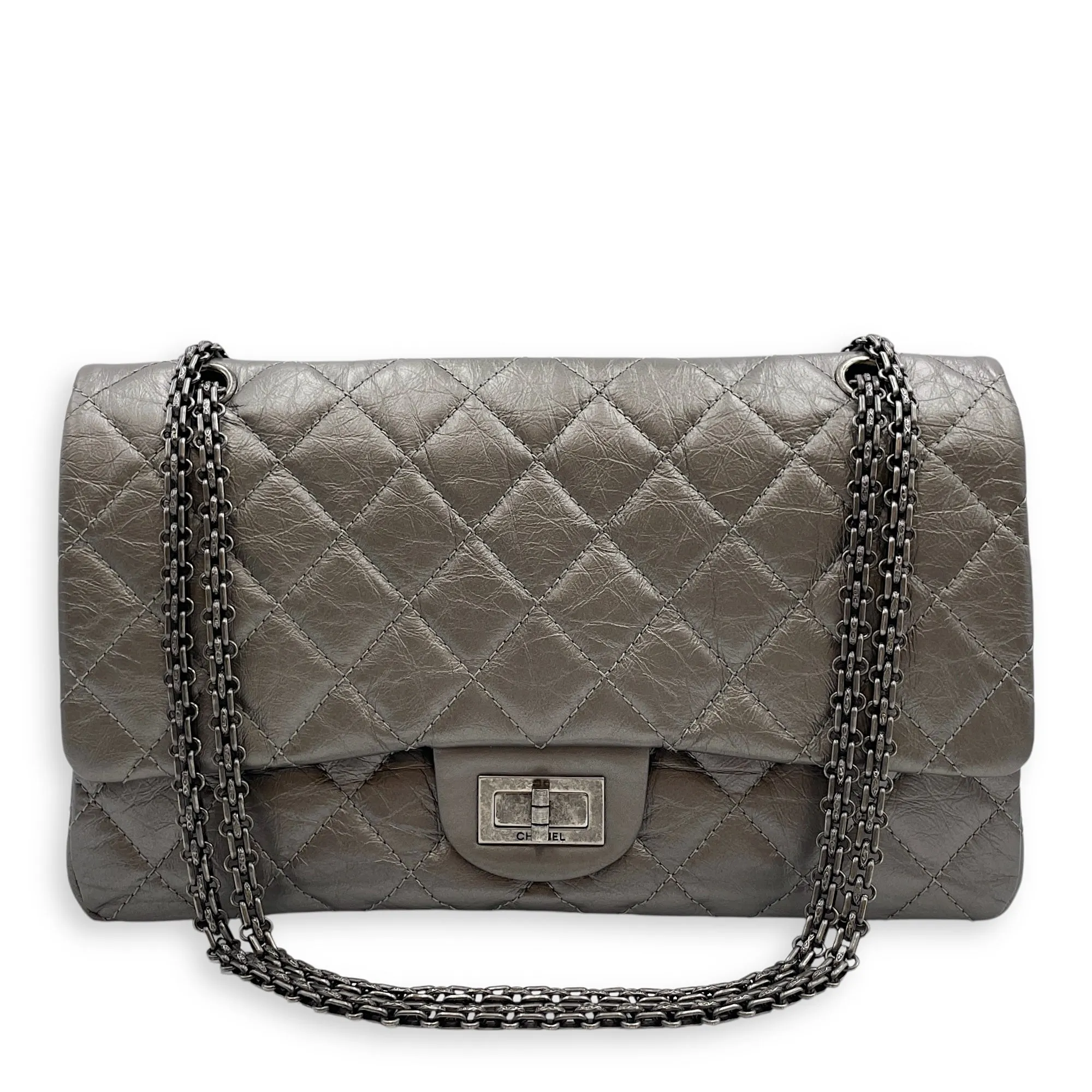 2.55 Reissue Silver Shoulder Bag in Distressed Leather, Ruthenium hardware