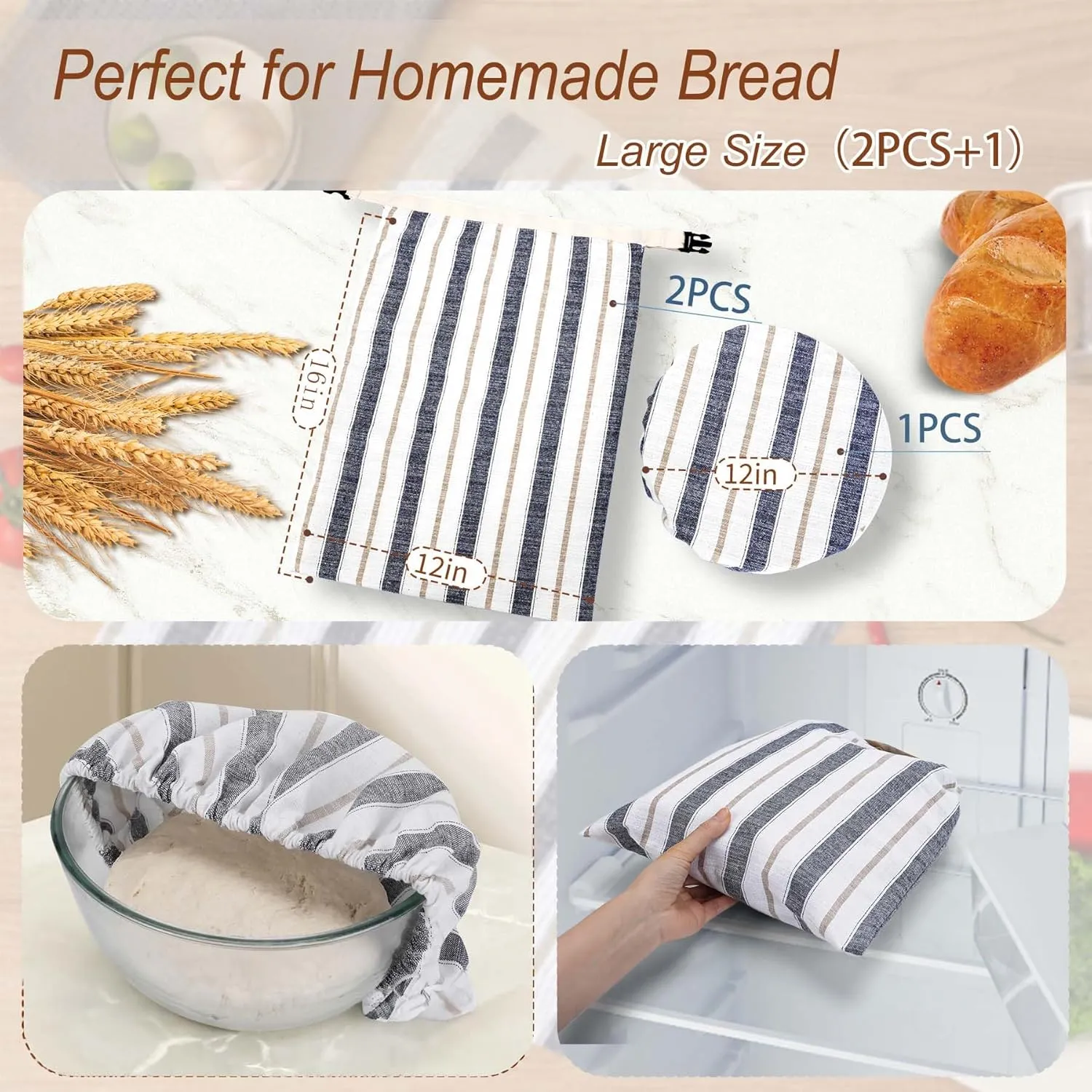 [2Pack 1]Bread Bags for Homemade Sourdough Bread,Reusable Linen Sourdough bread bag/Storage with Plastic Lined/Large Proofing Cover [Blue stripe 16"x 12"]