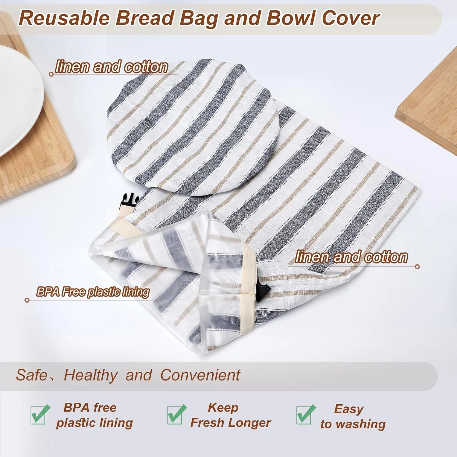 [2Pack 1]Bread Bags for Homemade Sourdough Bread,Reusable Linen Sourdough bread bag/Storage with Plastic Lined/Large Proofing Cover [Blue stripe 16"x 12"]