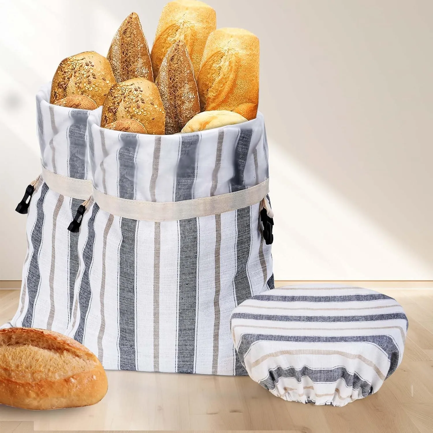 [2Pack 1]Bread Bags for Homemade Sourdough Bread,Reusable Linen Sourdough bread bag/Storage with Plastic Lined/Large Proofing Cover [Blue stripe 16"x 12"]