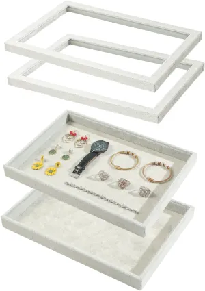 2Pcs Grey Beige Velvet Blank Jewelry Tray with Glass Lid, Large Storage Tray for Rings Earrings Necklaces Bracelets Watches Display, for Home or Selling Show