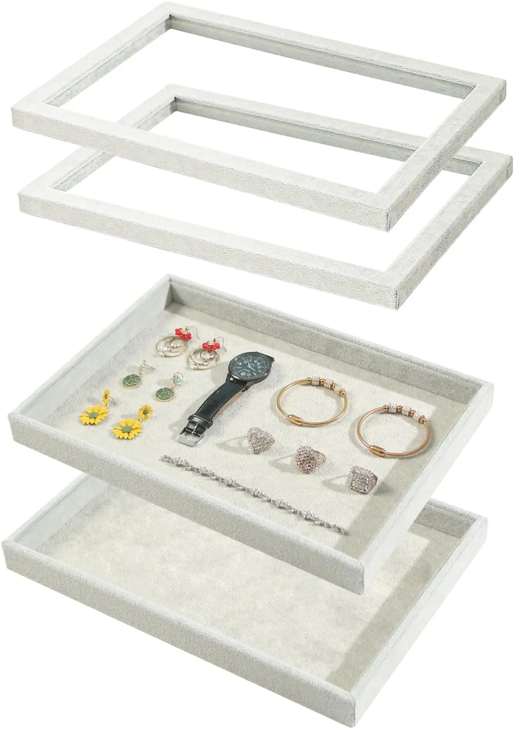 2Pcs Grey Beige Velvet Blank Jewelry Tray with Glass Lid, Large Storage Tray for Rings Earrings Necklaces Bracelets Watches Display, for Home or Selling Show