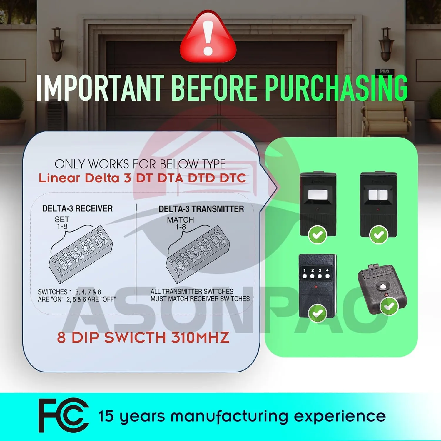3 for Linear DTC Delta 3 Garage Door Remote 8 Dip Switch 310MHZ(DT DTA DTD DTC DNT00002A) 3-Year-Warranty