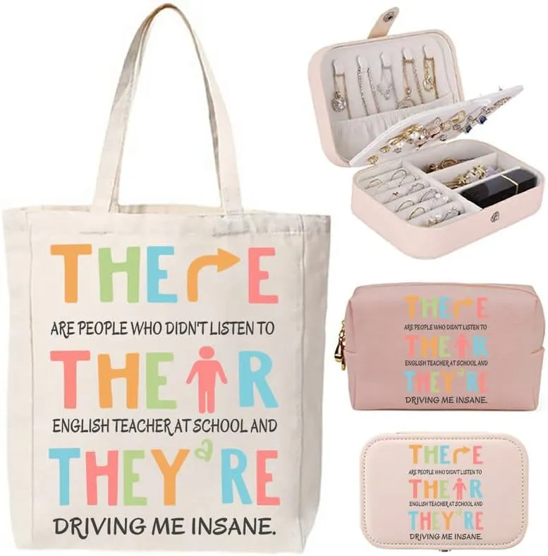 3-In-1 There Their They‘re English Teacher Jewelry Box and Makeup Bag Set For Teacher Gift