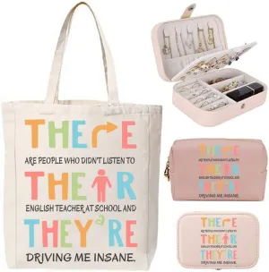 3-In-1 There Their They‘re English Teacher Jewelry Box and Makeup Bag Set For Teacher Gift