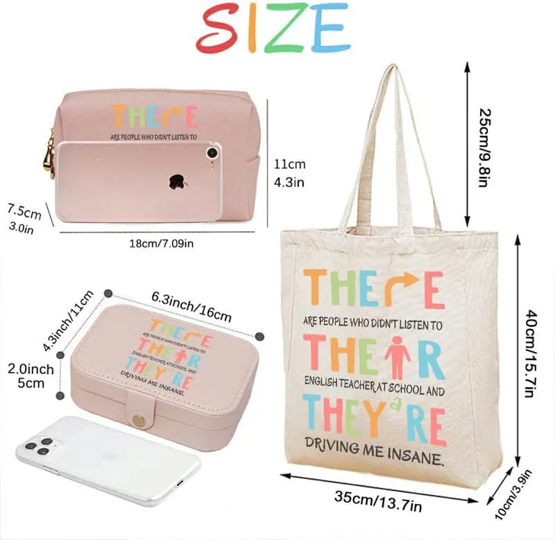 3-In-1 There Their They‘re English Teacher Jewelry Box and Makeup Bag Set For Teacher Gift