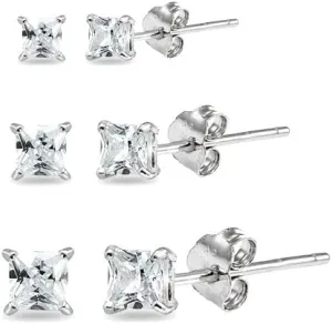 3-Pairs Sterling Silver 2mm 3mm & 4mm Cubic Zirconia Princess-Cut Square Multipack CZ Stud Earrings Jewelry Set for Women Men