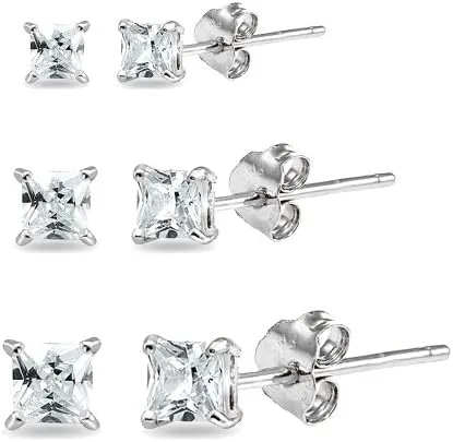 3-Pairs Sterling Silver 2mm 3mm & 4mm Cubic Zirconia Princess-Cut Square Multipack CZ Stud Earrings Jewelry Set for Women Men