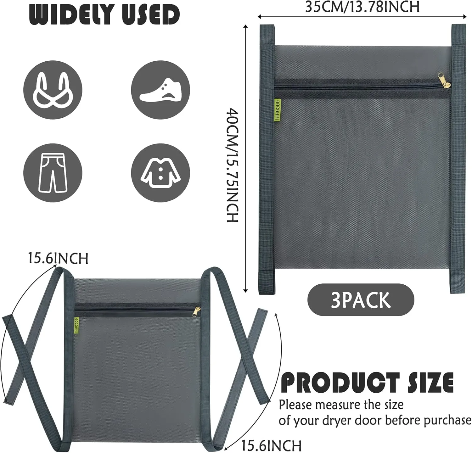 3 Pcs Sneaker Wash & Dry Net Bag for Dryer,15.7x13.8 Inch Large HoneyComber Mesh Bags with Zipper and Strap for Shoes, Clothing, Laundry Reused Bag Tool (Grey)