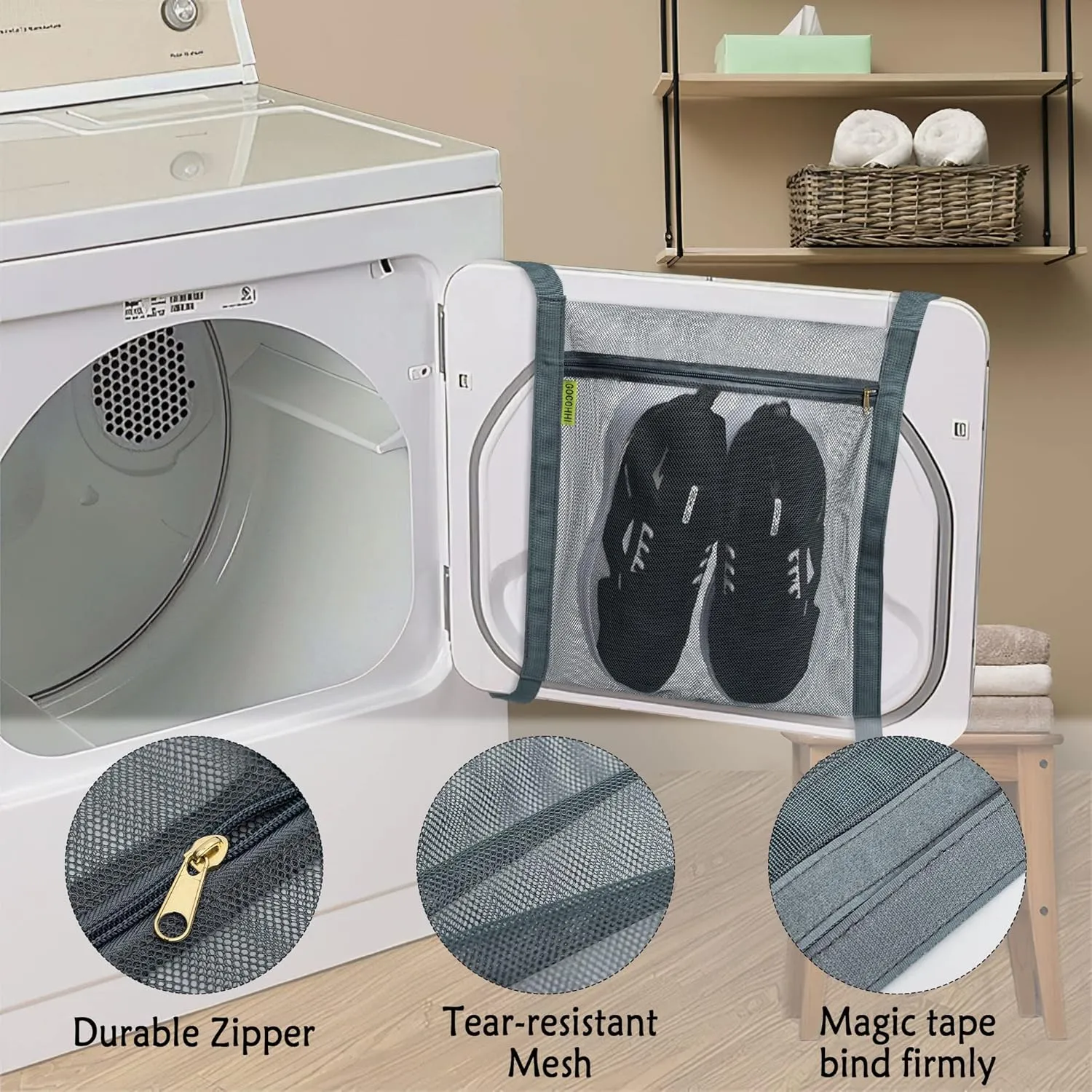 3 Pcs Sneaker Wash & Dry Net Bag for Dryer,15.7x13.8 Inch Large HoneyComber Mesh Bags with Zipper and Strap for Shoes, Clothing, Laundry Reused Bag Tool (Grey)