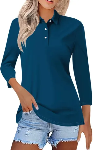 3/4 Sleeve Work Polo Shirts for Women 2024 Fall V-Neck Button-Down Pullover Top Casual Slim Fit Athletic Golf T Shirt