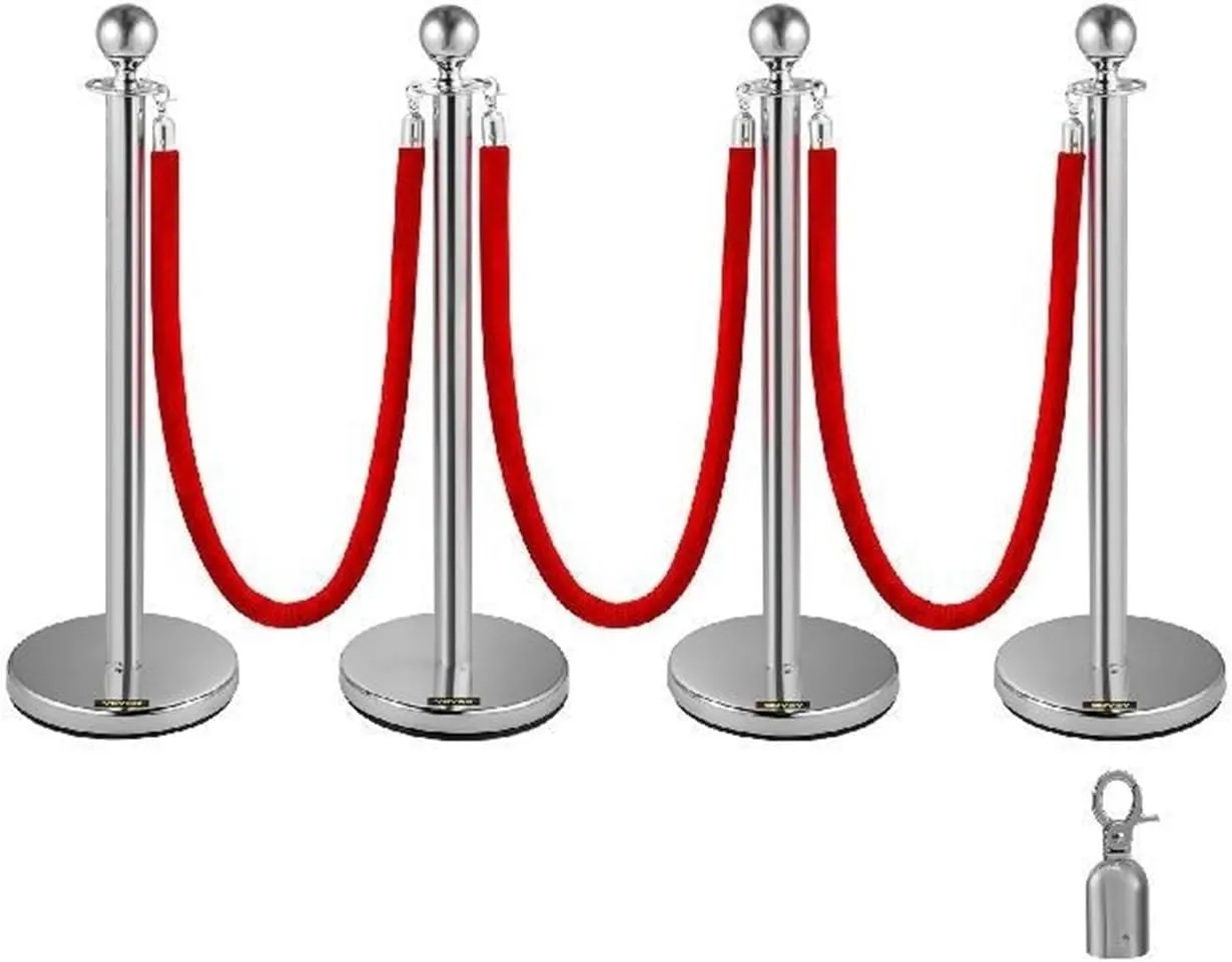 38Inch 4pcs Silver Stanchion Posts Queue Red Velvet Rope Crowd Control Line Barriers With Stable Base For Party Supplies,Powerful And Efficient