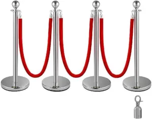 38Inch 4pcs Silver Stanchion Posts Queue Red Velvet Rope Crowd Control Line Barriers With Stable Base For Party Supplies,Powerful And Efficient