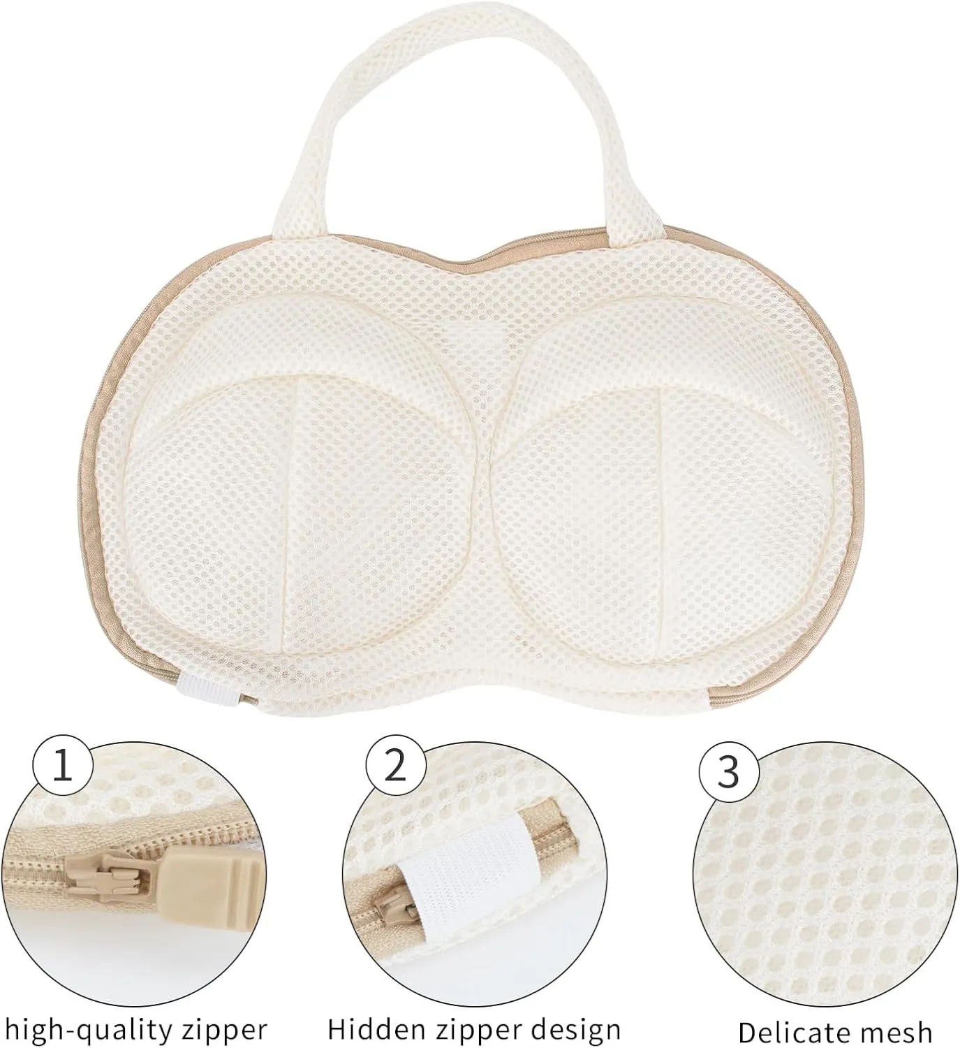 3Pcs Bra Wash Bags for Laundry Lingerie Brassiere Bag bra washing protector holder for Washing Machine Beige(A to C Cups)