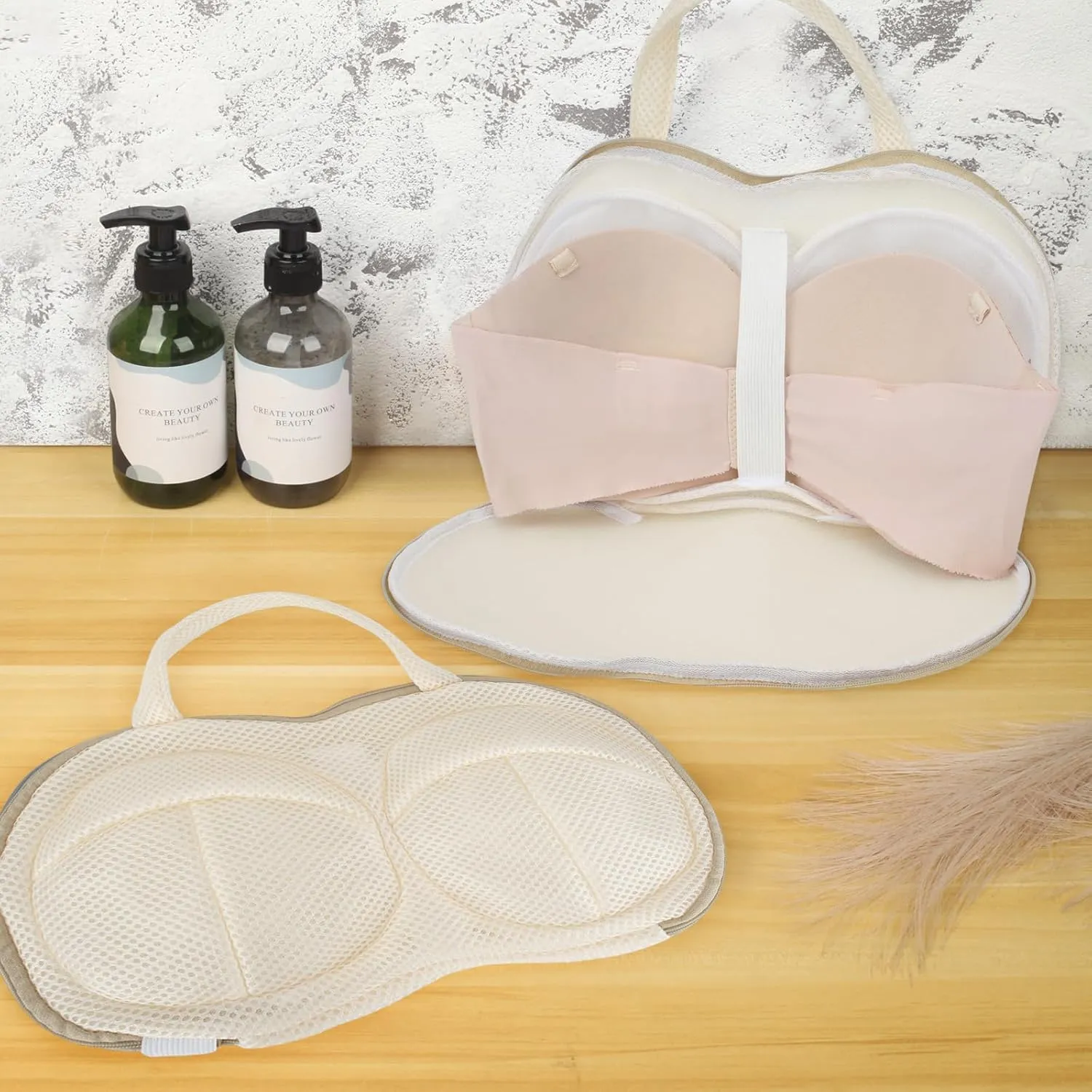 3Pcs Bra Wash Bags for Laundry Lingerie Brassiere Bag bra washing protector holder for Washing Machine Beige(D to E Cups)