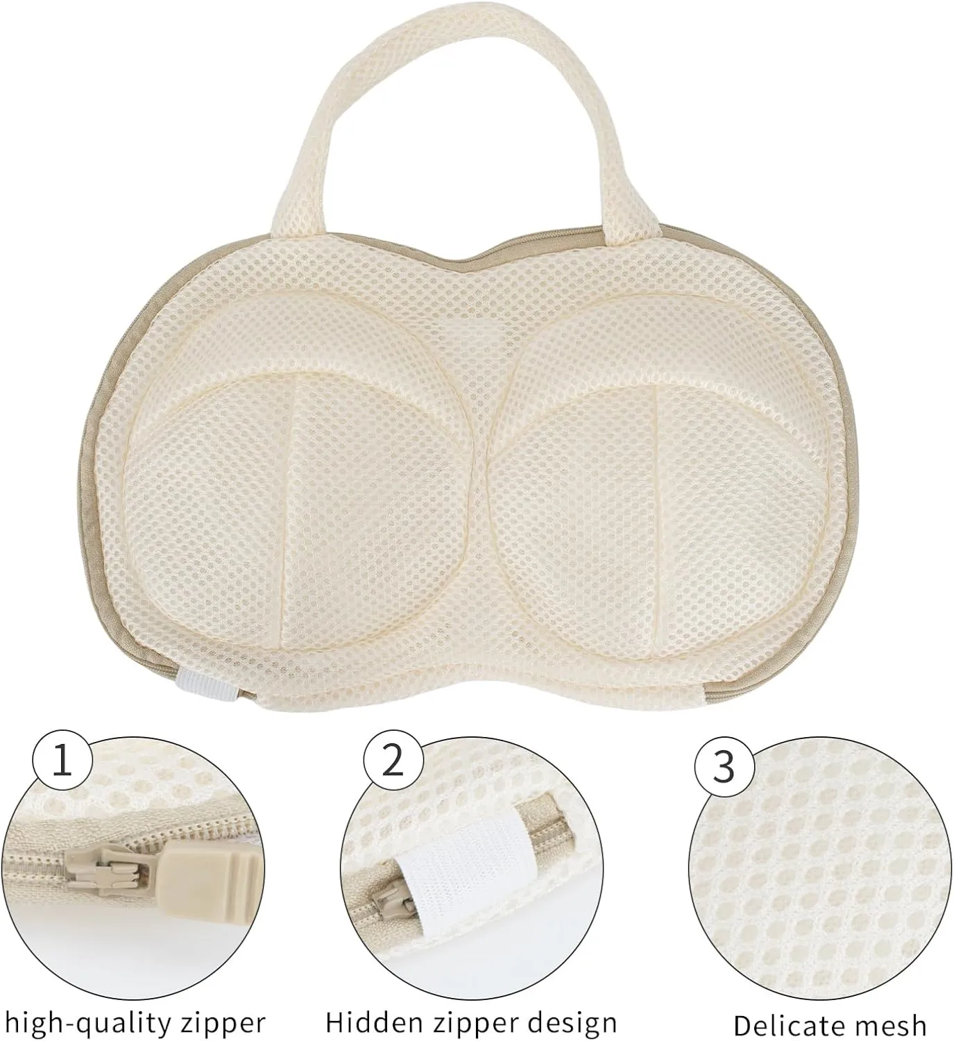 3Pcs Bra Wash Bags for Laundry Lingerie Brassiere Bag bra washing protector holder for Washing Machine Beige(D to E Cups)