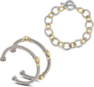 3PCS Twisted Cable Bracelet and Chain Trendy Cuff Bracelet Link Designer Dupes Adjustable Bangle Set Jewelry for Women for Her (Two Cuff and Chian B)