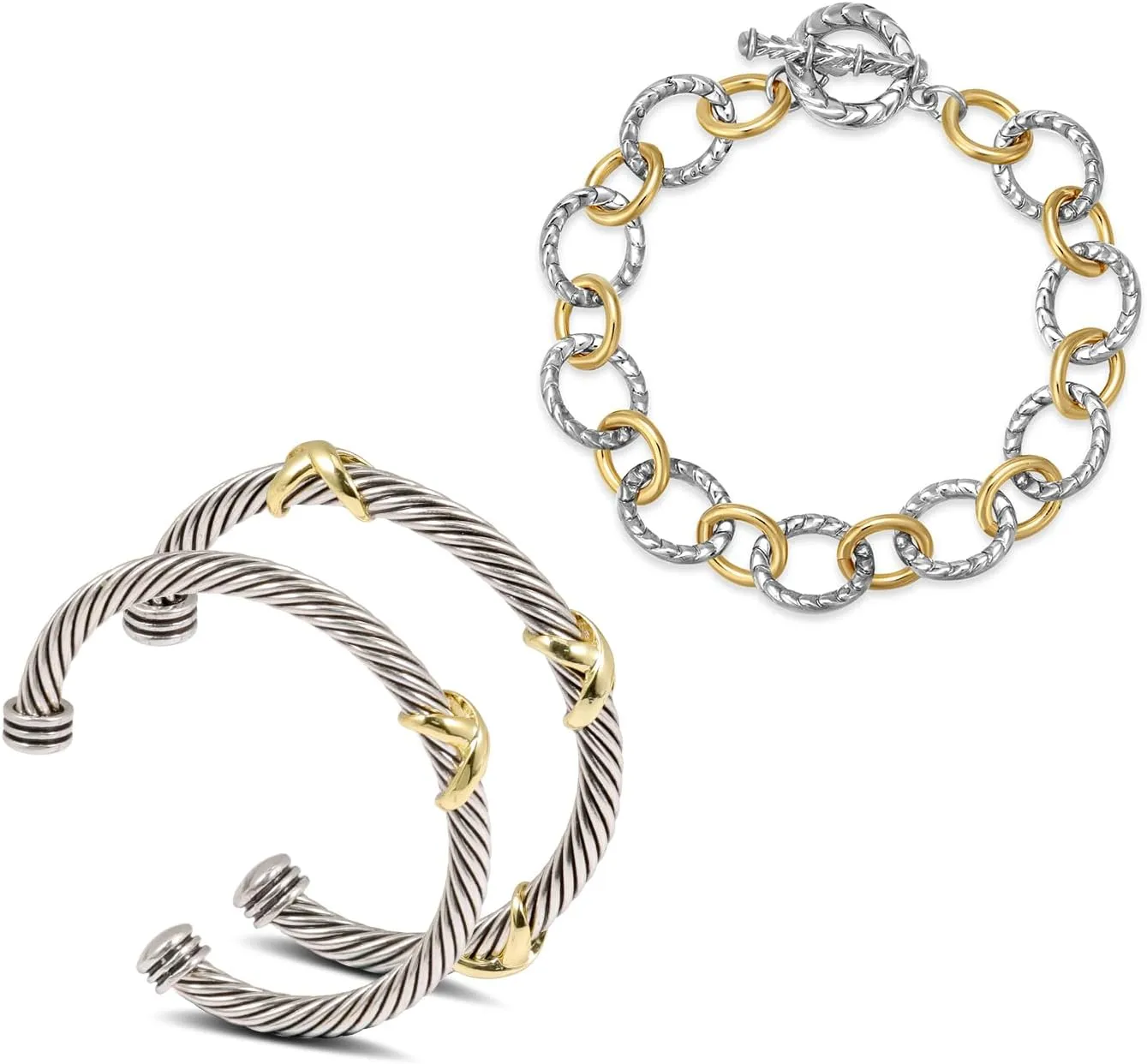 3PCS Twisted Cable Bracelet and Chain Trendy Cuff Bracelet Link Designer Dupes Adjustable Bangle Set Jewelry for Women for Her (Two Cuff and Chian B)