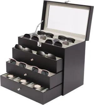 4 Layer Sunglass Organize Box, 24 Slots Eyeglasses Eyewear Display Case, Multiple Glasses Organizer, Eyeglass Sunglass Storage Box Display with Drawer for Home or Travel Storage