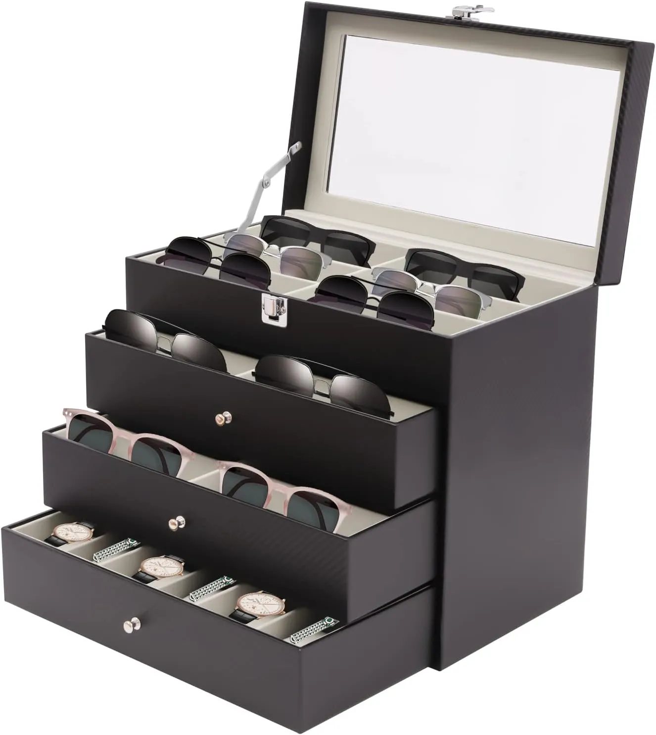 4 Layer Sunglass Organize Box, 24 Slots Eyeglasses Eyewear Display Case, Multiple Glasses Organizer, Eyeglass Sunglass Storage Box Display with Drawer for Home or Travel Storage