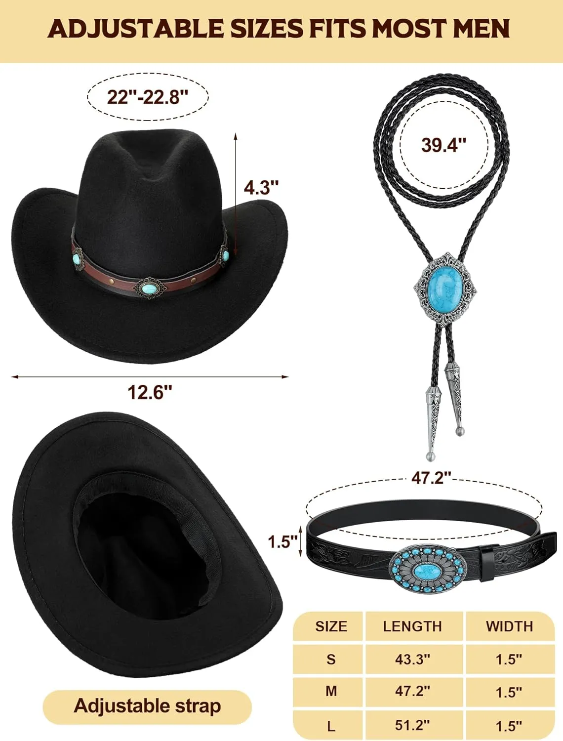 4 Pcs Western Outfits for Men Cowboy Suede Leather Vest Boho Turquoise Hat Bolo Tie Belt for Halloween Costume