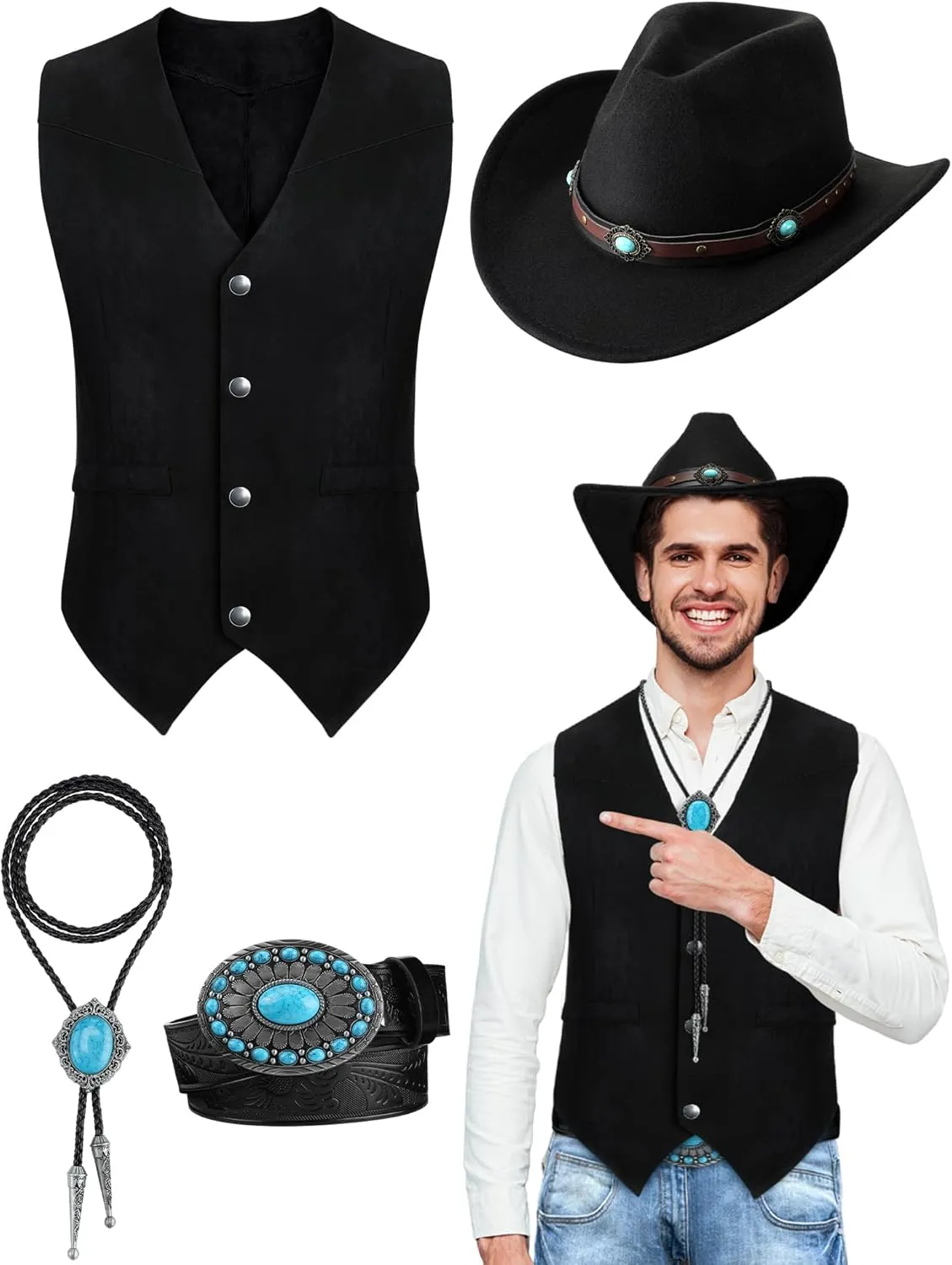 4 Pcs Western Outfits for Men Cowboy Suede Leather Vest Boho Turquoise Hat Bolo Tie Belt for Halloween Costume