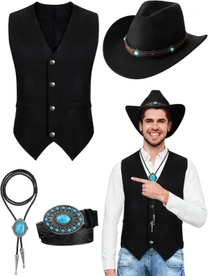 4 Pcs Western Outfits for Men Cowboy Suede Leather Vest Boho Turquoise Hat Bolo Tie Belt for Halloween Costume