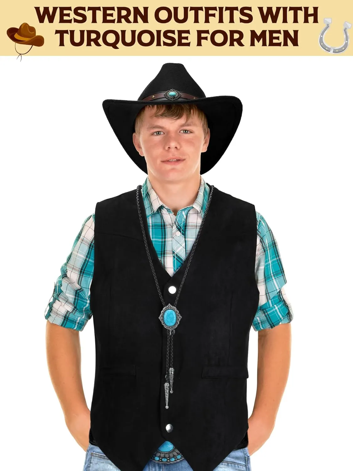 4 Pcs Western Outfits for Men Cowboy Suede Leather Vest Boho Turquoise Hat Bolo Tie Belt for Halloween Costume