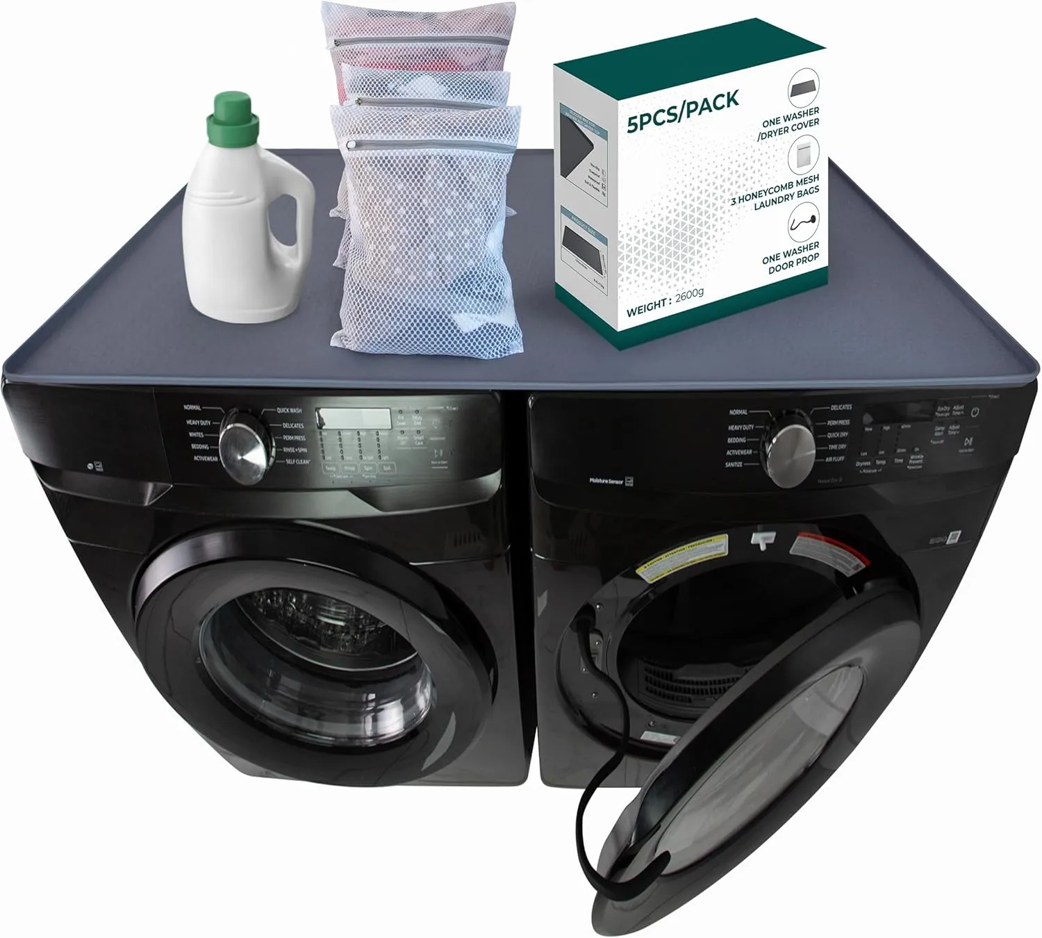 5-Piece Bundle- Washer and Dryer top protector mat 54 x 27.5", Mesh laundry bags and Washer door prop magnetic| One-Piece washer and dryer covers for the top | Leak-Proof | Non-slip Dryer top cover