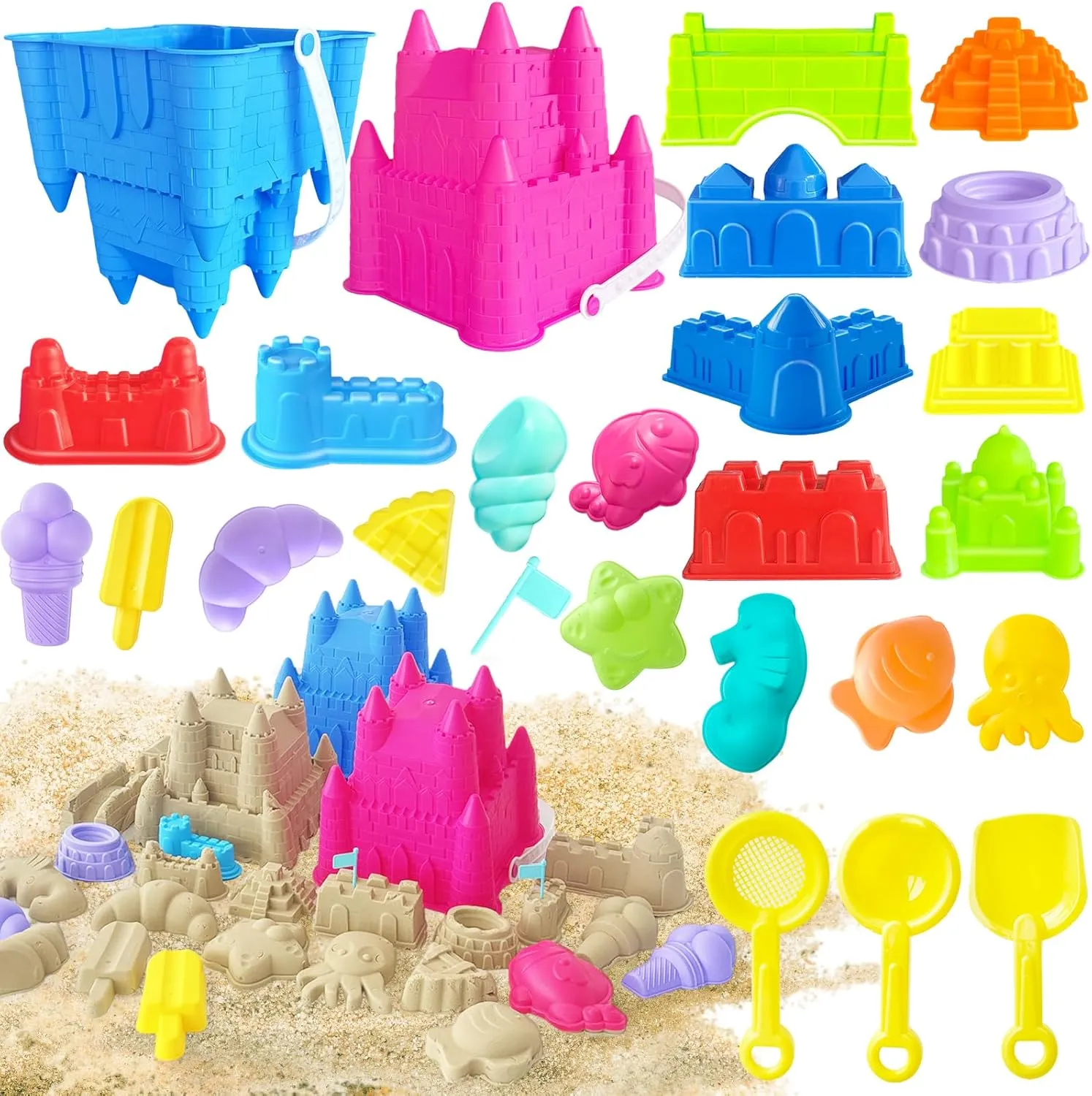 50Pcs Beach Sand Toys,Sand Toys Toddlers with Shovels & Sand Castle Building Kit Molds,Summer Outdoor Travel Toys for Kids Toddlers Girls